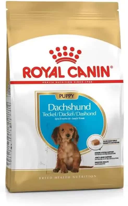 Royal Canin puppy food bag for Dachshunds. Features dog image, blue and gold details