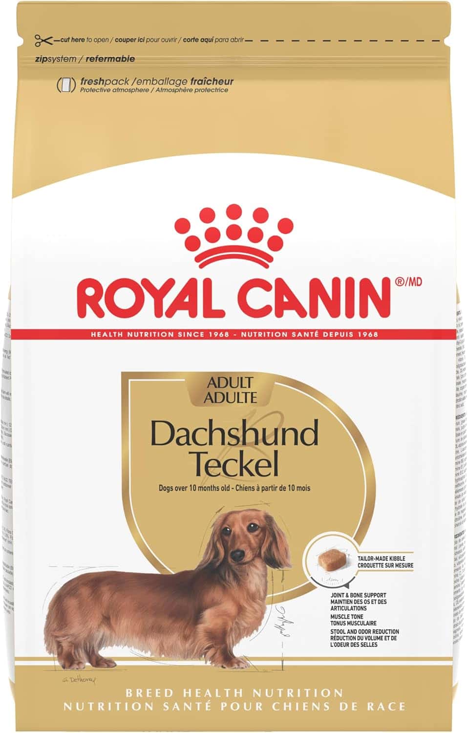 Royal Canin Adult Dachshund dry dog food bag featuring a long-haired brown Teckel.