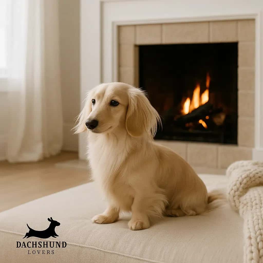 English cream mini dachshund sitting on a linen ottoman in front of a cozy fireplace.