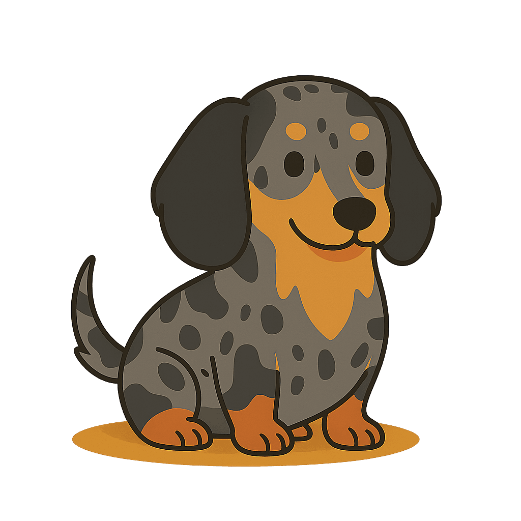 “Cute cartoon dachshund with a black and tan dapple coat pattern, sitting and smiling with a warm golden glow beneath it.