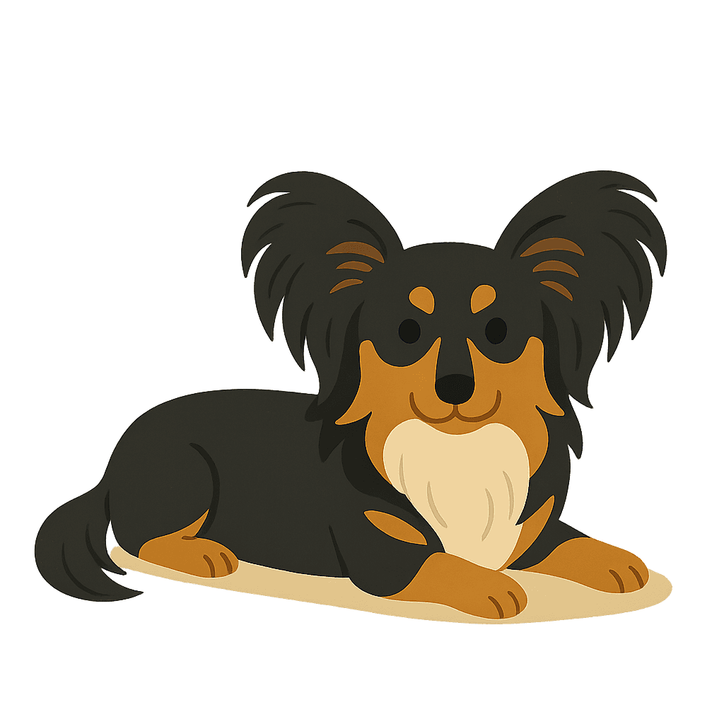 Cartoon Papshund dog lying down.