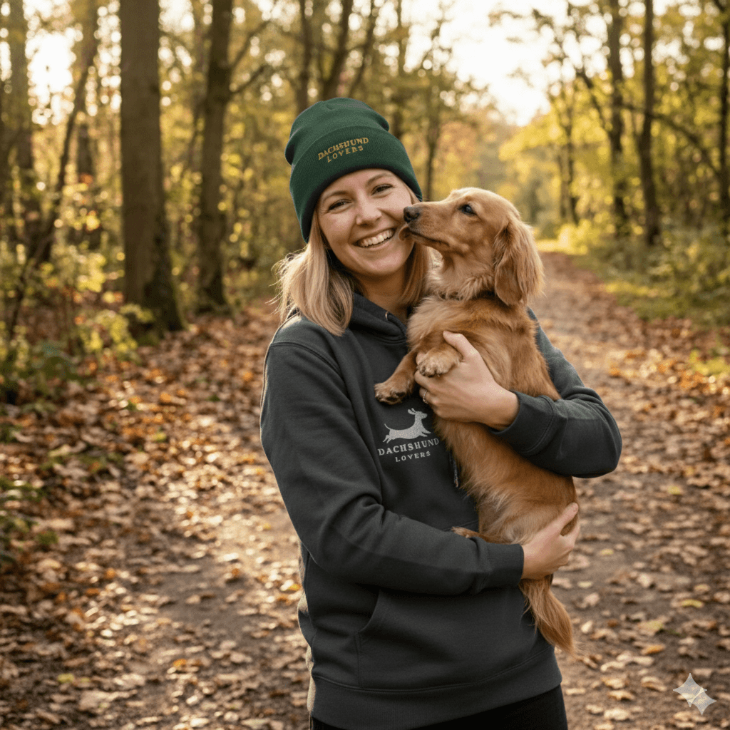 Female owner carrying her golden dachshund in the woods of arizona in the winter