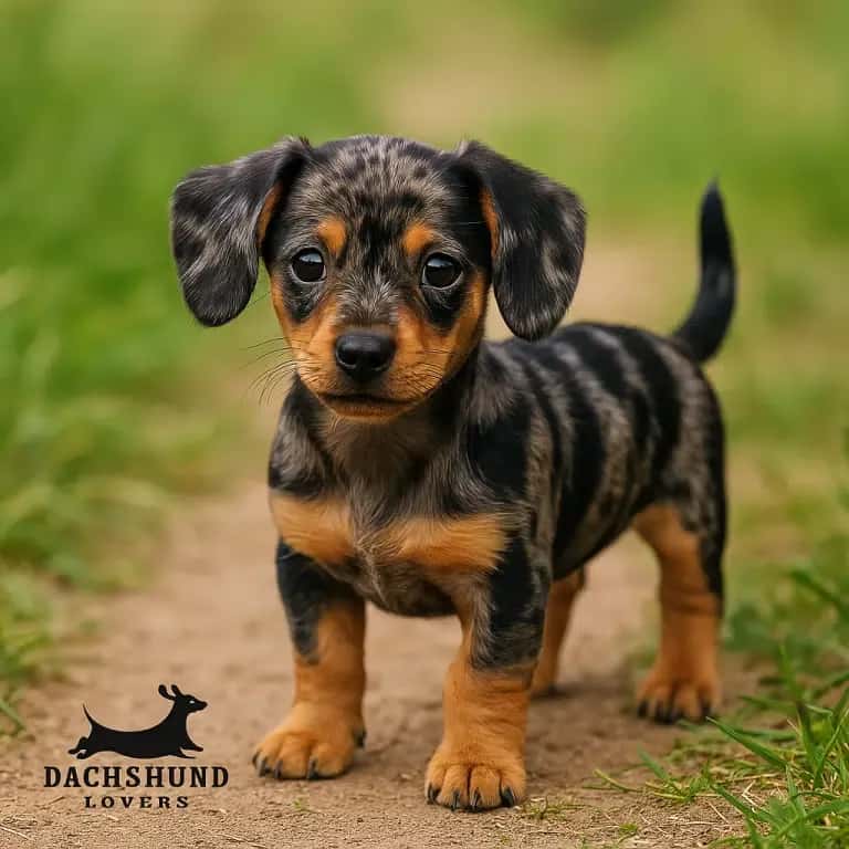 Blue Merle Chiweenie puppy standing on a grassy path with a mottled black, gray, and tan coat