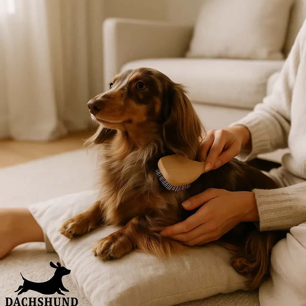 Long-haired chocolate dapple dachshund being gently brushed on a soft cushion in a cozy