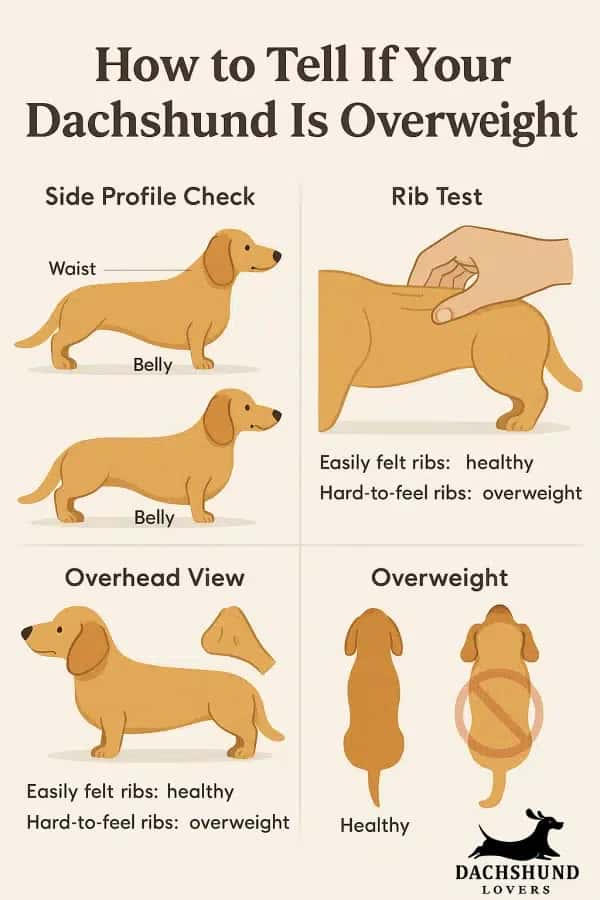 Golden dachshund weight guide infographic showing signs your dog may be overweight