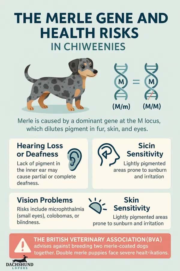 Infographic The Merle Gene and Health Risks in Chiweenies featuring a cartoon dog