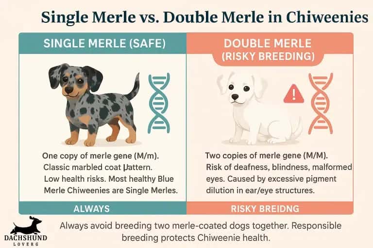 Infographic comparing Single Merle Chiweenies with low health risks to Double Merle Chiweenies